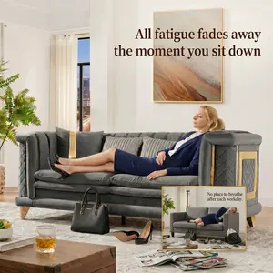 Exceptional Cushioned Comfort 89 Inches Velvet 3 Seater Luxury Sofa with Gold Stainless Steel Trims and Embroidered Texture, Mid-Century Victorian Tufted Couch Surpasses Thin Unsupportive Ordinary Sofas, with 2 Fur & 2 Gold Strip Pillows, Gray