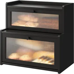 Bread Box for Kitchen Countertop Double Layer Large Corner Bread Box Capacity Bread Storage Bin Farmhouse Breadbox Container Organizer Cabinet Cupboard Black