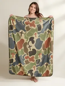 Camouflage and Crosses Pattern Velveteen Plush Flannel Blanket | Earth Tones, Retro Camo