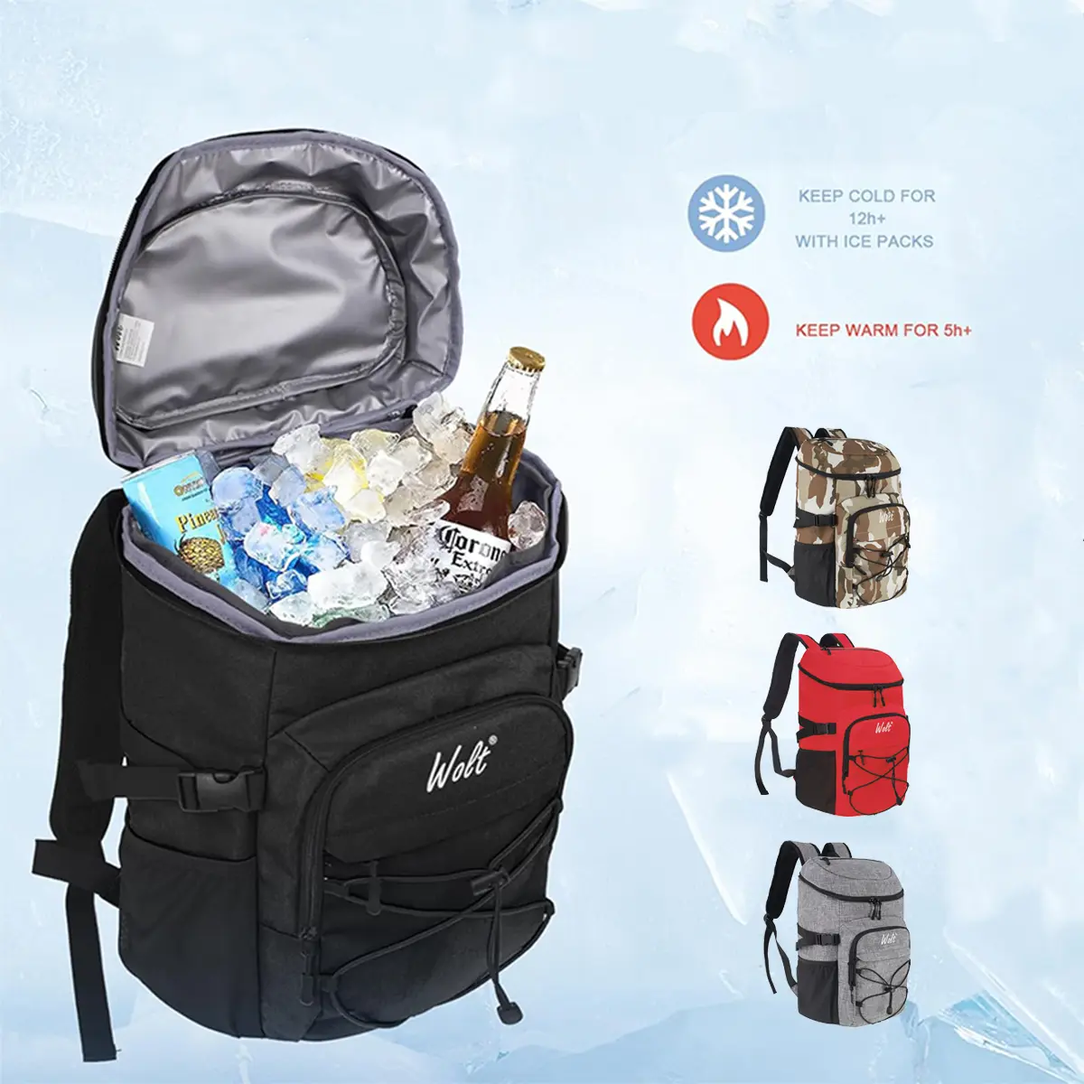 WOLT Soft-Sided Cooler-Warmer Cooler Backpack - 24-Can Insulated, Lightweight, Waterproof, with Storage, Bottle Opener, Convenient for Hiking, Camping, Drinking Needs