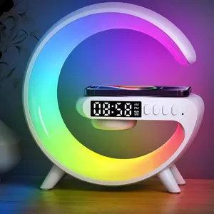 White Bluetooth Speaker Lamp with Wireless Charger, RGB Night Light, Alarm Clock, App Control
