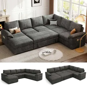 SUAWY 108 Inch Sectional Sleeper Sofa with Pull Out Bed, U Shaped 7 Seat Modular Sectional Sofa with Storage, Sectional Couches for Living Room, Cloud Modular Couch,Removable Sofa Cover, Dark Grey