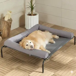 Cooling Elevated Dog Bed for Large Dogs - Waterproof Raised Dog Cot with Slope Headrest, Breathable Teslin Mesh, Durable & Portable Pet Bed House for Indoor and Outdoor Use, Grey