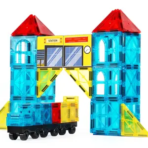 Magnetic Building Blocks City Road Set with Magnetic Markers, Children Stem Educational Assembly Track Magnet Tiles, Round Corner Design