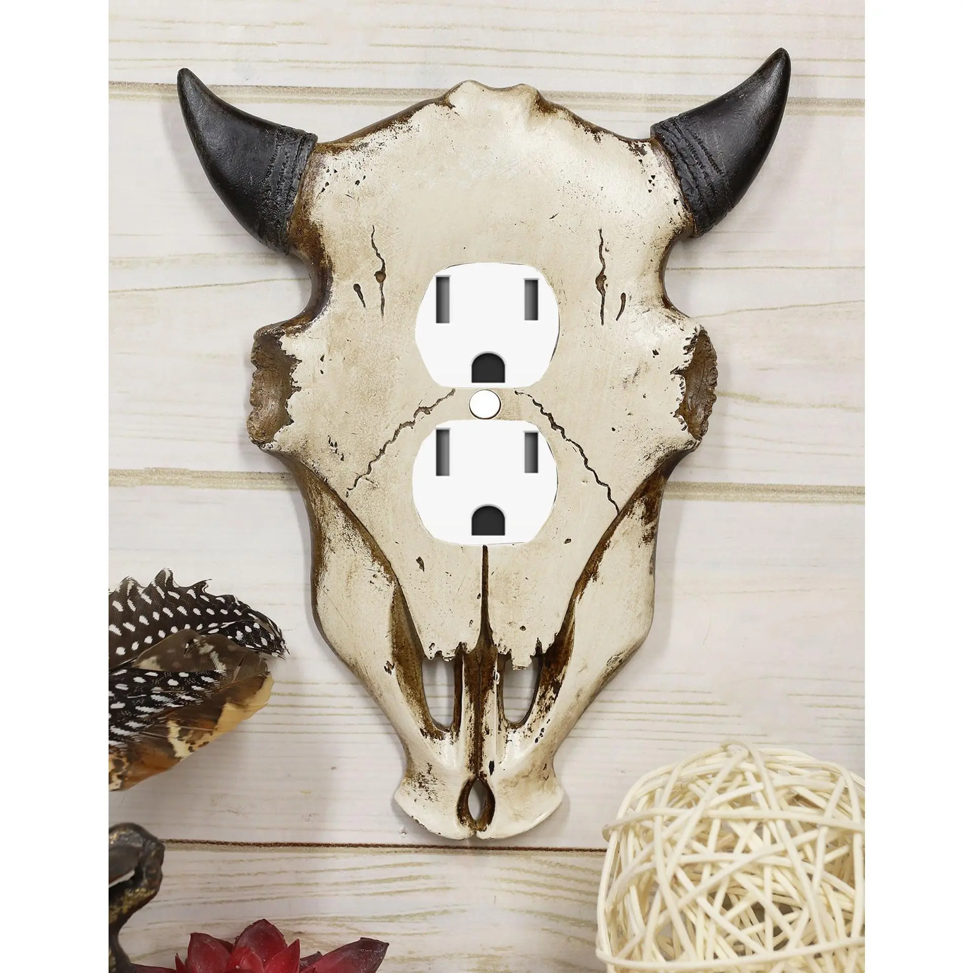 Decorative Set of 2 Western Bull Bison Cow Skull Double-Receptacle Outlet Wall Plates for Home Decor, Home Supplies