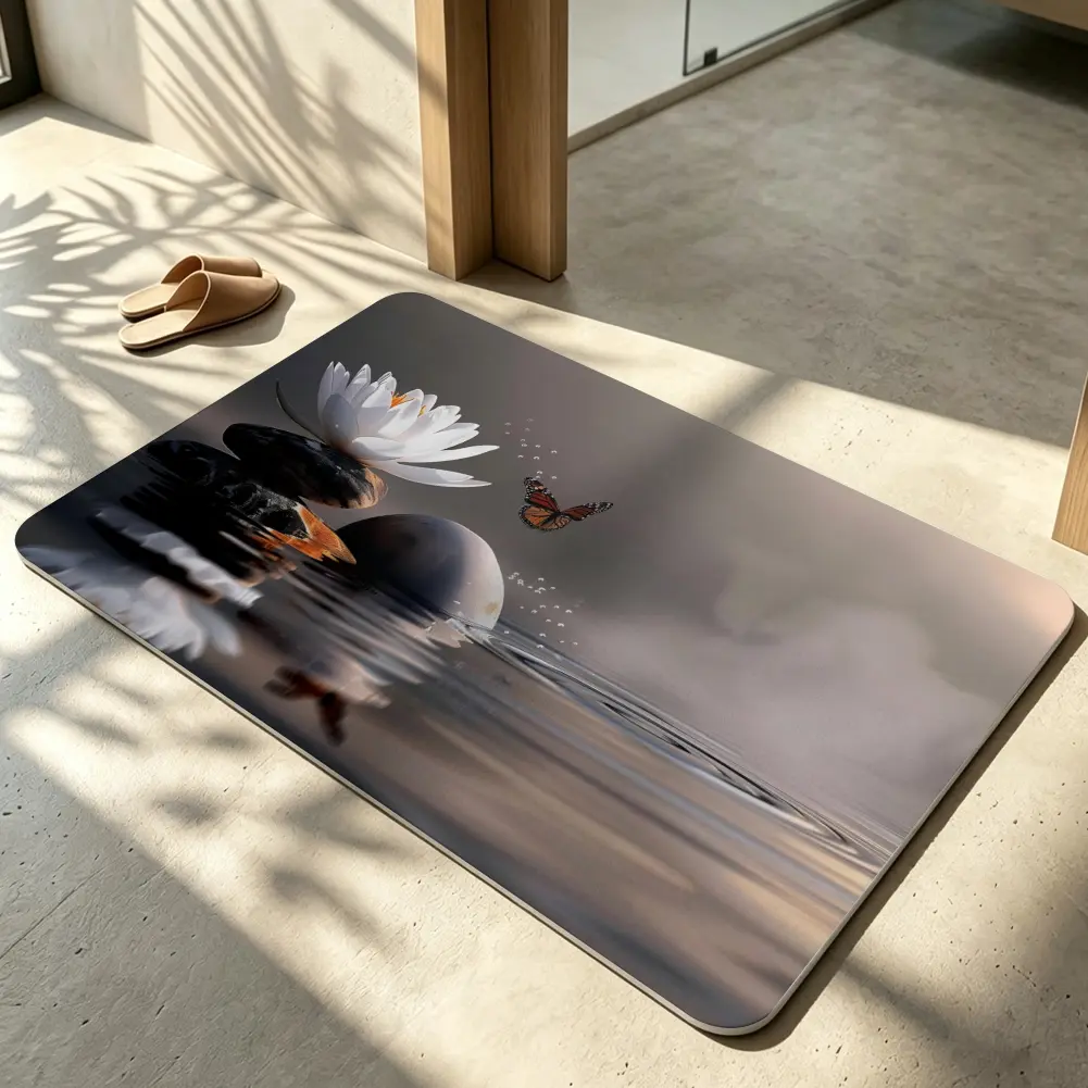 Diatomite Mud Instant Dry Rectangular Zen Theme Floor Mat, Tranquil Lotus Butterflies & Stacked Rocks Digital Art Non-Slip Bath Mat for Spa Living Room Home Decor