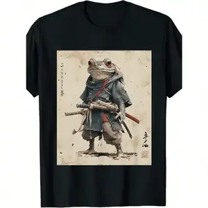 Vintage Samurai Frog Warrior T Shirt 100% Cotton Japanese Ukiyo e Art Round Neck Short Sleeve Machine Washable US Aesthetic Casual Man