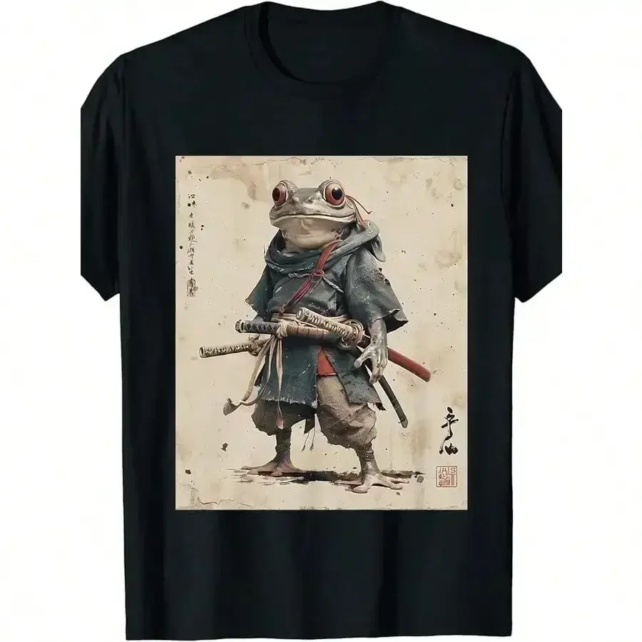 Vintage Samurai Frog Warrior T Shirt 100% Cotton Japanese Ukiyo e Art Round Neck Short Sleeve Machine Washable US Aesthetic Casual Man Menswear Top