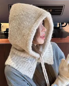 BEIGE --Premium Knit Balaclava Winter Essential Ultra-Soft Plush Hood Button Accents Adjustable Ties Super Warm Lightweight Cozy One Size Fits All