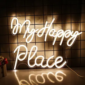 USB Powered Neon Sign, My Happy Place Neon LED Glowing Wall Mounted Home Lighting Decoration Lamp, Suitable for Home Room Decoration