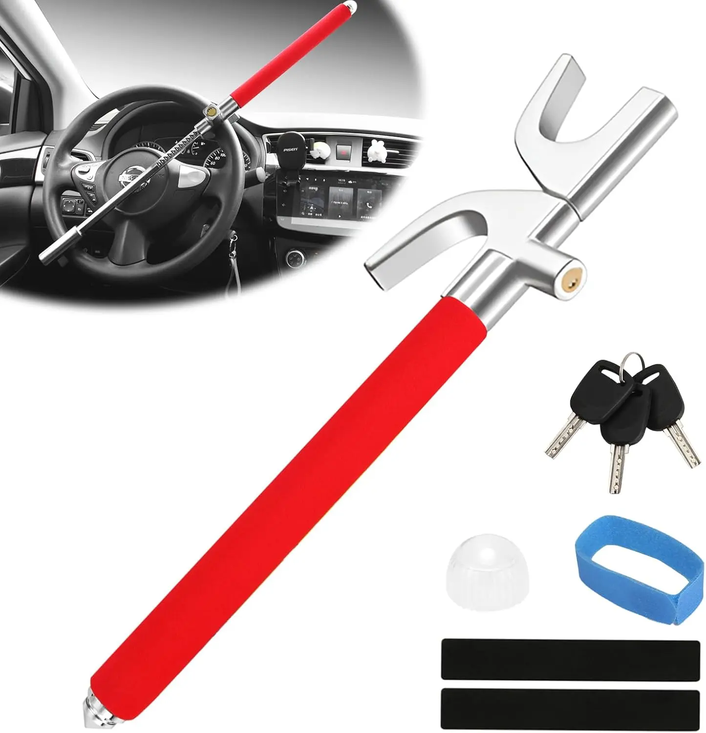 Car Steering Wheel Lock, Anti Theft Car Device Club for Car Steering Wheel, Car Security Car Theft Prevention with 3 Keys and Safety Hammer Fit for All Cars (Red)