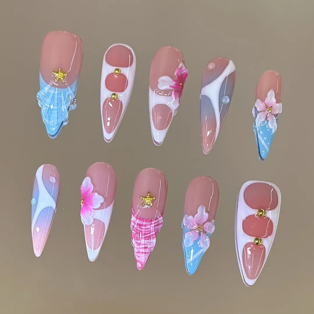 NailVesta AQUA BLUSH – 100% Handcrafted 3D Press-On Nails | Reusable, Long-Lasting, Salon-Quality