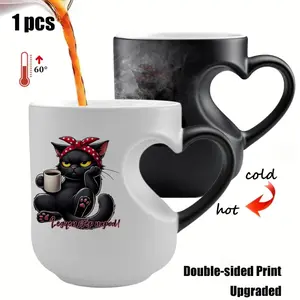 Whiskered Comfort Mug for Cat Lovers, Funny Coffee Mug, Stylish Coffee Mugs, Magic Color Changing Thermosensitive Ceramic Mug 11 Oz, Heart Handle Gift for Christmas, Ceramic Printed Drinkware