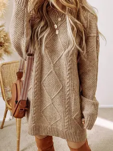 Women's Cable Knit Dress, Loose-Fitting Long Sleeve Round Neck Sweater, Striped H-Type Design, Knitwear Perfect for Fall & Winter