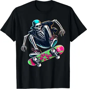 100% Cotton Unisex Skater Skeleton Modern Trick Skating Skateboard Street Style T-Shirt