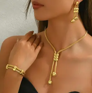 18k Electroplated Women's Jewelry Set - Long Necklace Geometric Tassel Earrings Double Layered Bracelet Woven Chain Elegant Gift Not Easy to Fade Allergic