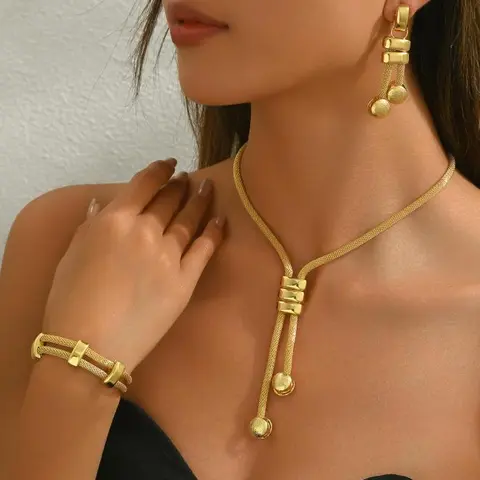 Women's 18-Karat Electroplated Jewelry Set - Long Necklace, Geometric Tassel Design Earrings, Double-Layered Style Woven Chain Design Bracelet, Elegant Allergic Free Indoor Recreation Gift, Not Easy to Fade