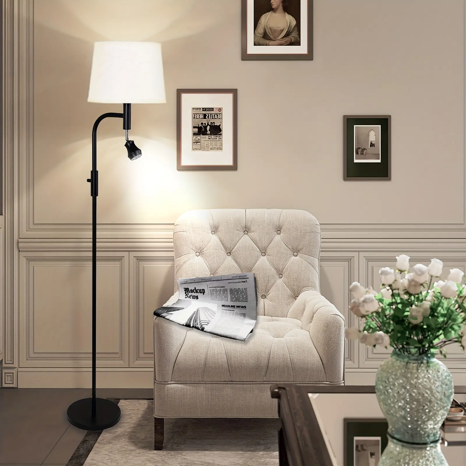 Floor Lamp For Living Room With Adjustable Reading Light, 12W 1800LM, 66 "Tall, 7.2ft Cable Knob Switch, Modern Standing Lamp With Linen Lampshade, For Living Room, Bedroom, Office, Dining Room