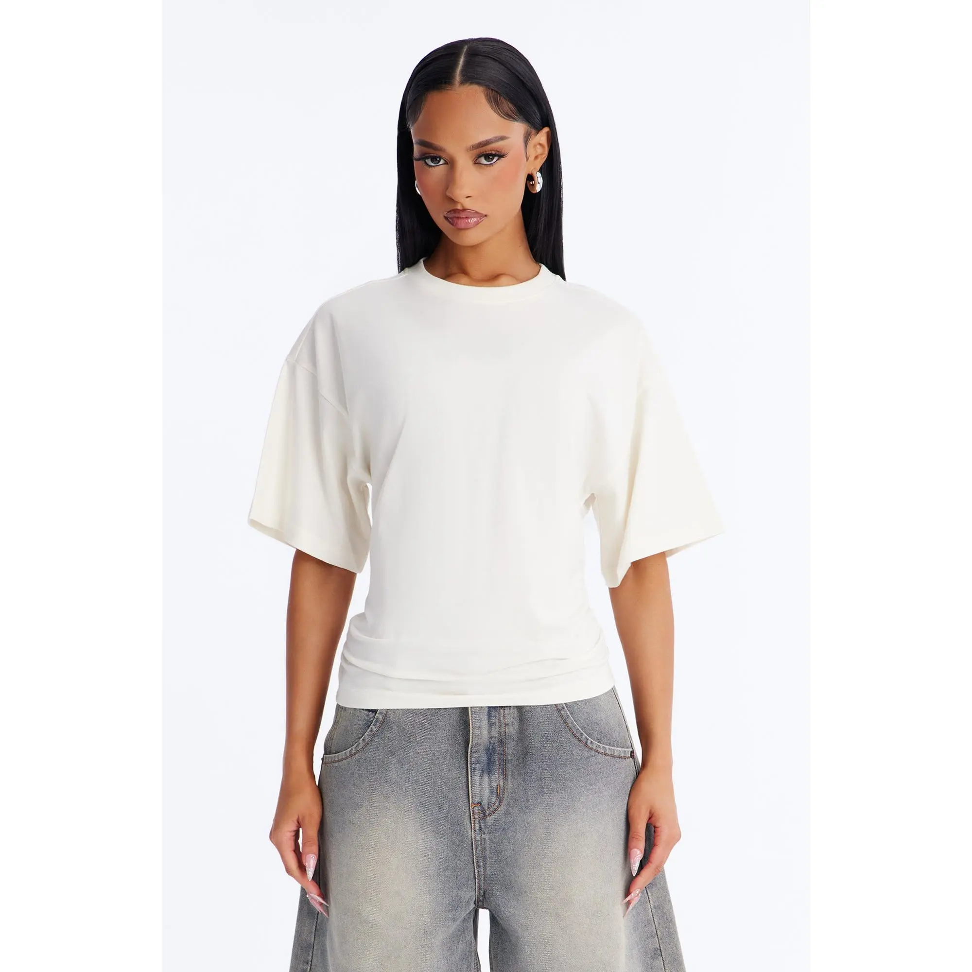 Nora Crew Neck Ruched Short Sleeve T-Shirt - Cream