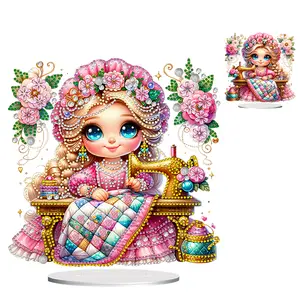 2D Flat Print Sewing Machine Girl DIY Double-Sided Printed Single-Side Drill Diamond Painting Tabletop Ornaments Kit Table Top Diamond Painting Ornament Kits for Home Office Desktop Decor