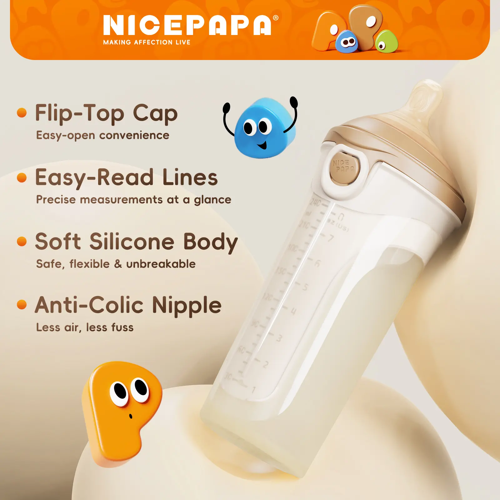 NICE PAPA Unisex Leak-Proof Baby Bottle - Eco-Friendly Newborn Nursing Bottle with Anti-Colic Cap, Off-Center Nipple for Easy Acceptance, Easy to Clean and Safe, Eco Friendly Bottle