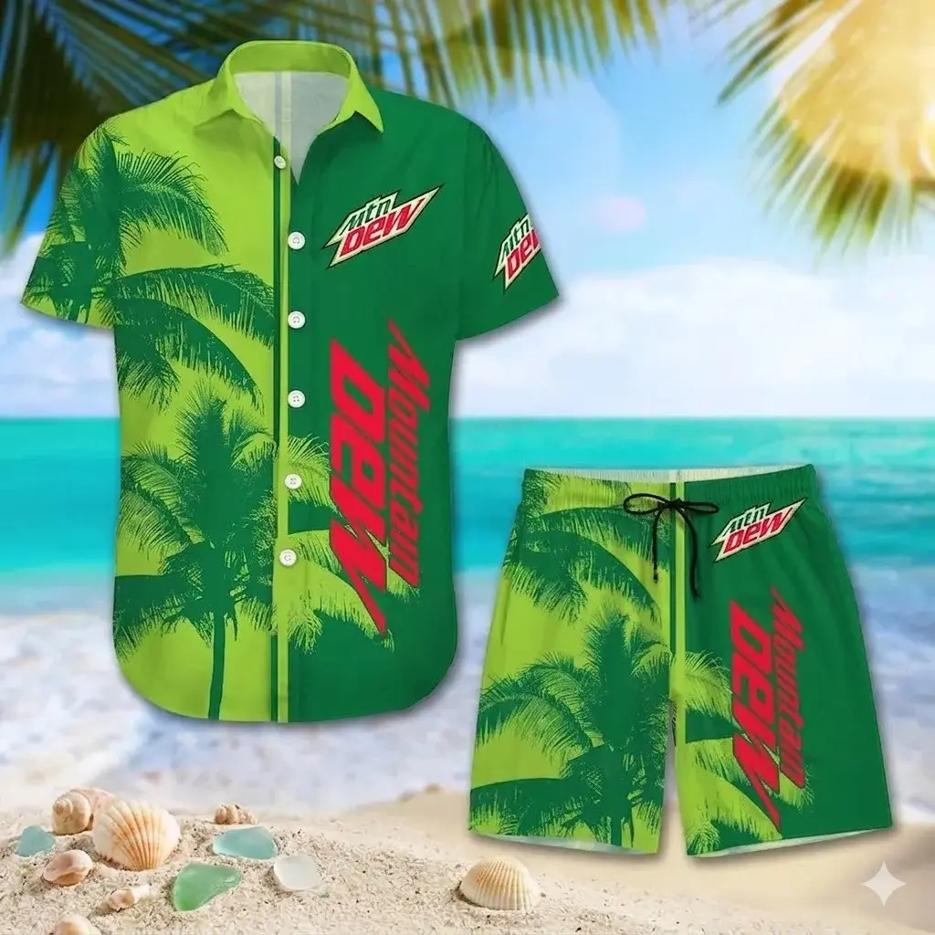 Mountain Dew Hawaiian Shirt Shorts Set Green Aloha Palm Tree Print Mtn Dew Fan Gift Summer Beach Outfit Mens Womens Loose Casual
