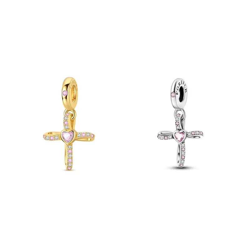 MULA Crafted Gold-Plated Cross Pendant with Pink Cubic Zirconia Heart - Women's Christian Religious Charm, Casual Costume Jewelry for Bracelets & Necklaces, Christening, Birthday Gift