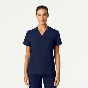 Helia Slim Notched V-Neck Scrub Top - Midnight Navy