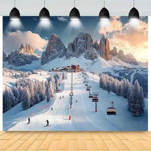 Ski Resort Tapestry Snow Mountain Backdrop Winter Sport Theme Wall Hanging Photography Background Holiday Decor for Living Room Bedroom Indoor Outdoor Party Decoration
