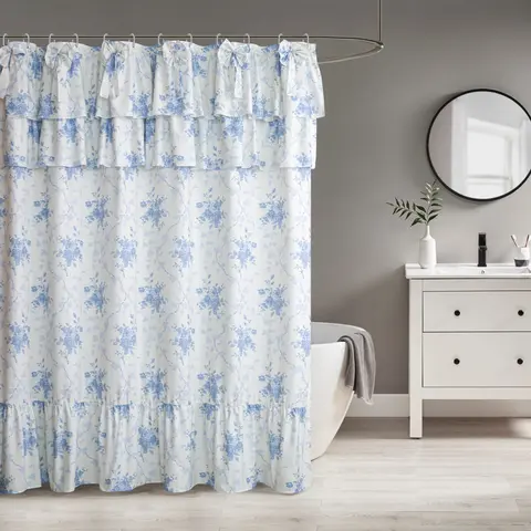 Yrztrk Retro Floral Polyester Shower Curtain with Ruffle, Handcrafted Big Bow Tie, 12 Hooks - Waterproof, Quick-Drying, Machine-Washable Panel Curtain for Master Bathroom Bath Decor