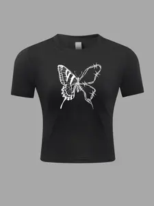 Women’s Butterfly Print Baby Tee | Round Neck Crop Sports T-Shirt | Quick Dry Breathable Athletic Top