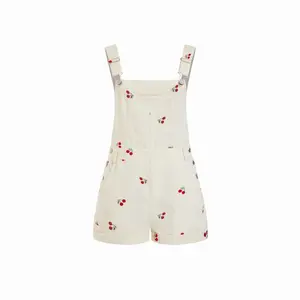 Cider Women's Corduroy Cherry Embroidery Buckle-Up Overalls Romper