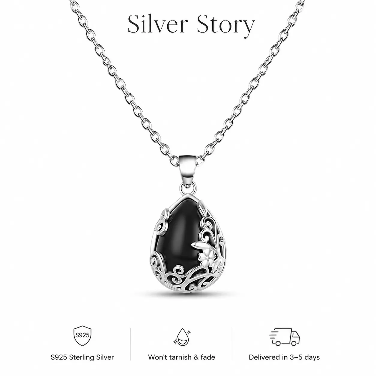 S925 Sterling Silver Teardrop Black Gem Necklace – Elegant Dainty Pendant Jewelry for Women