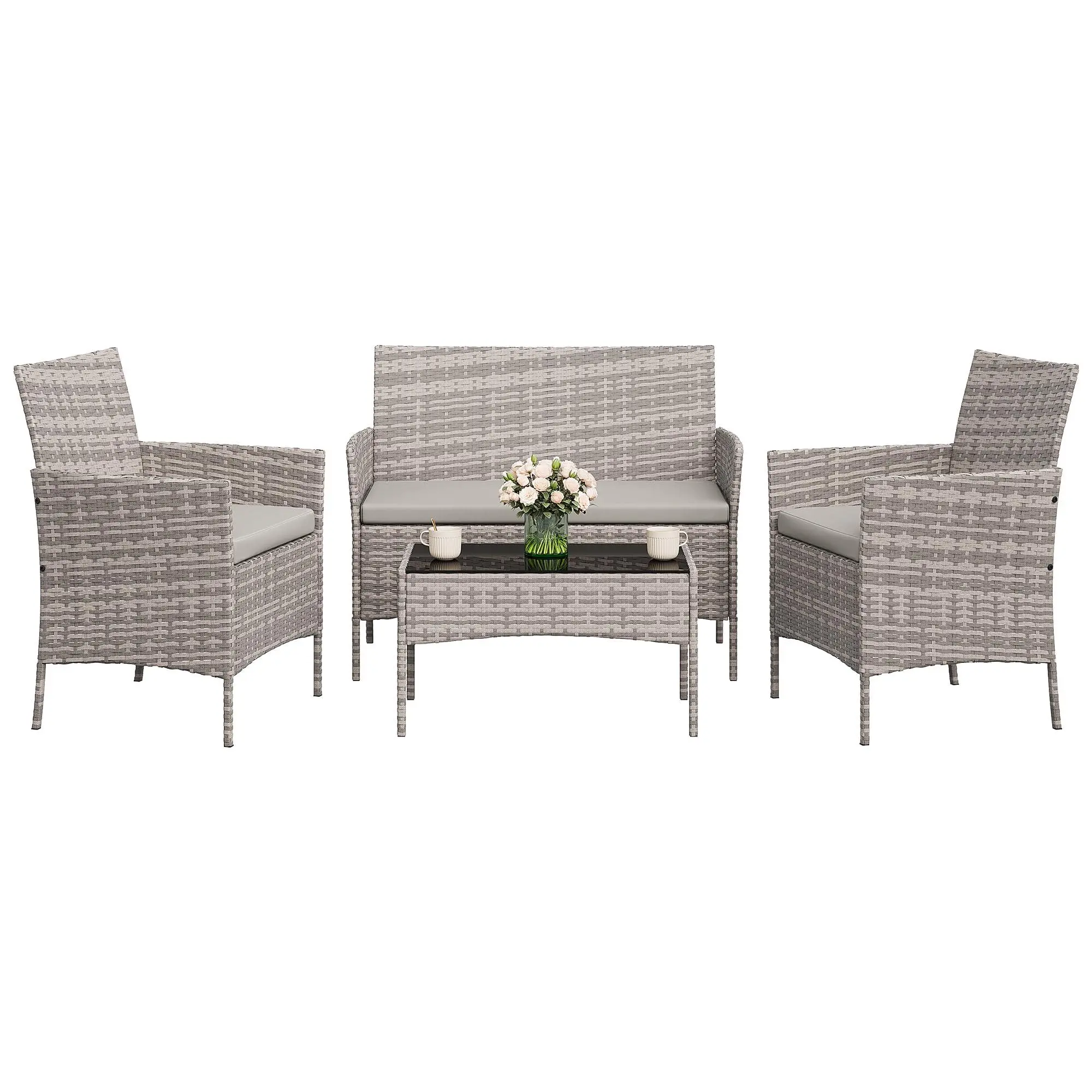 4-Piece Patio Furniture Set, Modern PE Rattan Conversation Set with 2 Chairs, Loveseat & Tempered Glass Coffee Table, All-Weather Outdoor Seating for Garden, Porch, Balcony, Poolside
