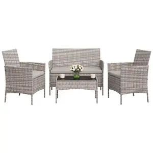 4-Piece Patio Furniture Set, Modern PE Rattan Conversation Set with 2 Chairs, Loveseat & Tempered Glass Coffee Table, All-Weather Outdoor Seating for Garden, Porch, Balcony, Poolside
