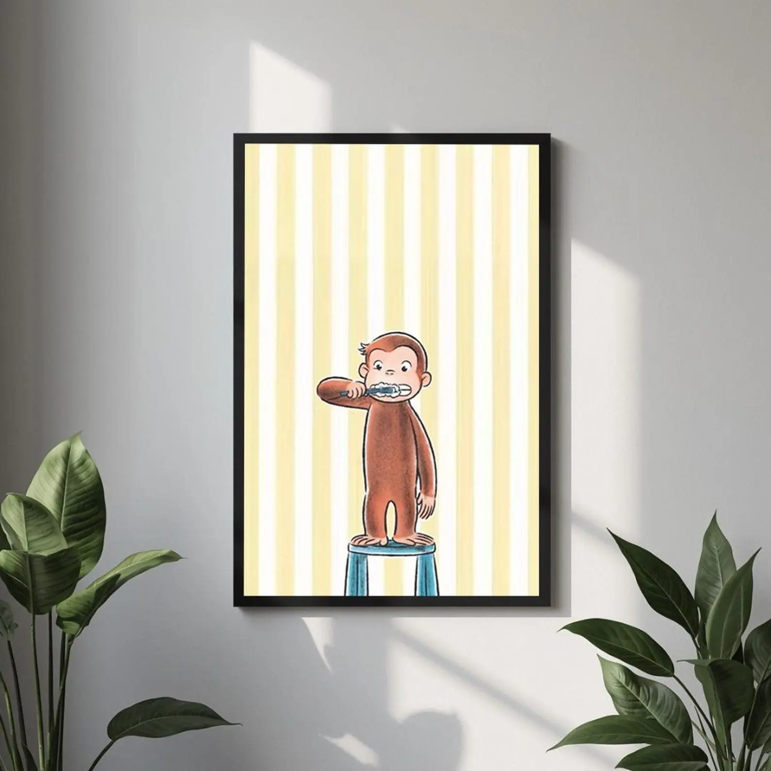 [Unframed Poster] Curious George Poster, Toothbrush Monkey Wall Art, Yellow Striped Nursery Print, Kids Bathroom Bedroom Decor, Storybook Gift Wall Poster Art