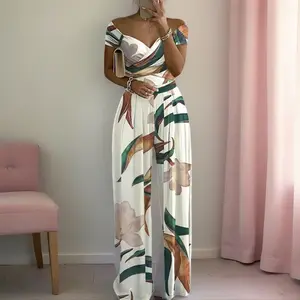 Women's European-Style Elegant Printed High-Waisted Off-the-Shoulder Jumpsuit Overalls, Trendy New Arrival Womenswear Set