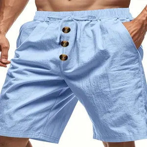 [Summer Linen Shorts] Lightweight Men's Casual Shorts with "MOTORCYCLE" Embroidery | Breathable, Loose Fit, Drawstring Waist, Beige, Perfect for Summer Beach & Sportswear