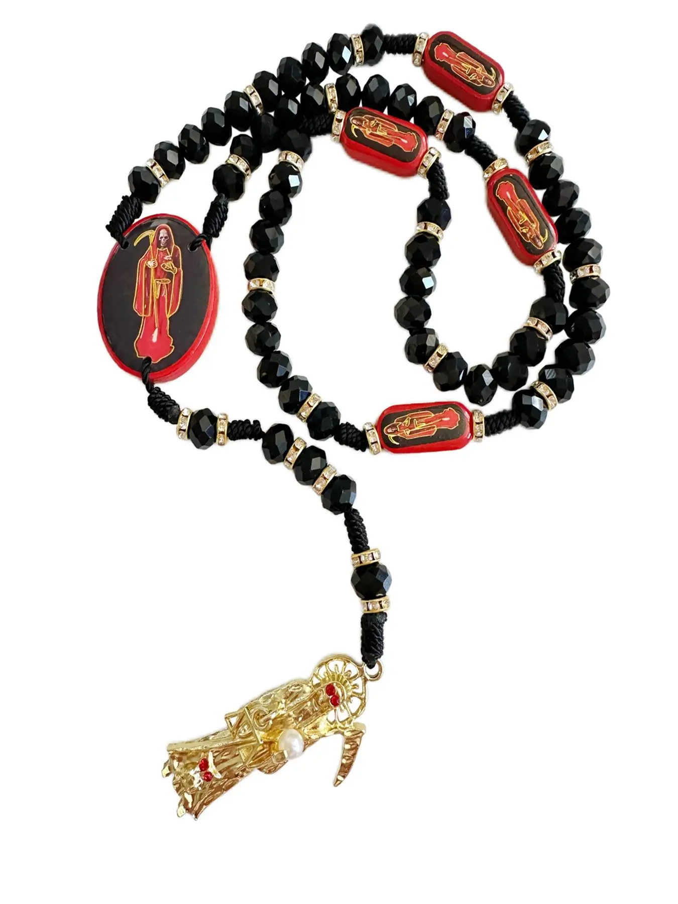 Holy Death Design Necklace, Wooden Santa Muerte Necklace, Red Rosaries Beads Blessing Crafted Rosario de la Santa Muerte, Prayer Gift for Women & Men, Gothic Jewelry, Jewelry Necklace, Rosary Necklace