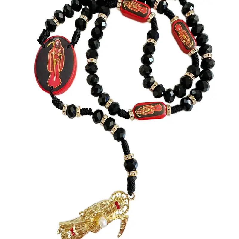 Holy Death Design Necklace, Wooden Santa Muerte Necklace, Red Rosaries Beads Blessing Crafted Rosario de la Santa Muerte, Prayer Gift for Women & Men, Gothic Jewelry, Jewelry Necklace, Rosary Necklace, Spiritual Jewelry
