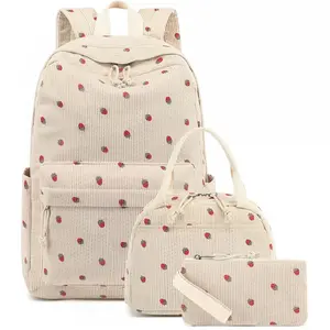 Corduroy Backpack, Lunch Bag & Tote Bag 3-Piece Set, Durable Backpack, Cute Strawberry Schoolbag, Suitable for School, Outings and Travel
