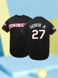 Mens Baseball Stylish Jersey Button Down Shirts Short Sleeve Hipster Hip Hop Sports Uniforms Dominicana #27 (S-3XL) Jersey Top