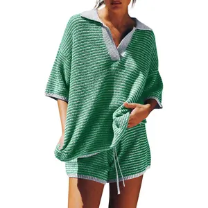 Women's 2-Piece Oversized Knit Sweater Set, 3/4 Sleeve V-Neck Top, High-Waisted Shorts, Lounge Outfits