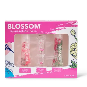 Blossom 3-Piece Set - Strawberry Moisturizing Lip Gloss Tube, Pink Color-Changing Crystal Lip Balm, Watermelon Moisturizing Lip Gloss Tube