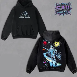 Cosmic Metallic Traveler Comic Graphic Hoodie Galactic Sky Illustration Heavyweight Acid Wash Boxy Fit Premium Oversized Cotton Pullover for Men Women Streetwear Apparel Distressed Wash Top