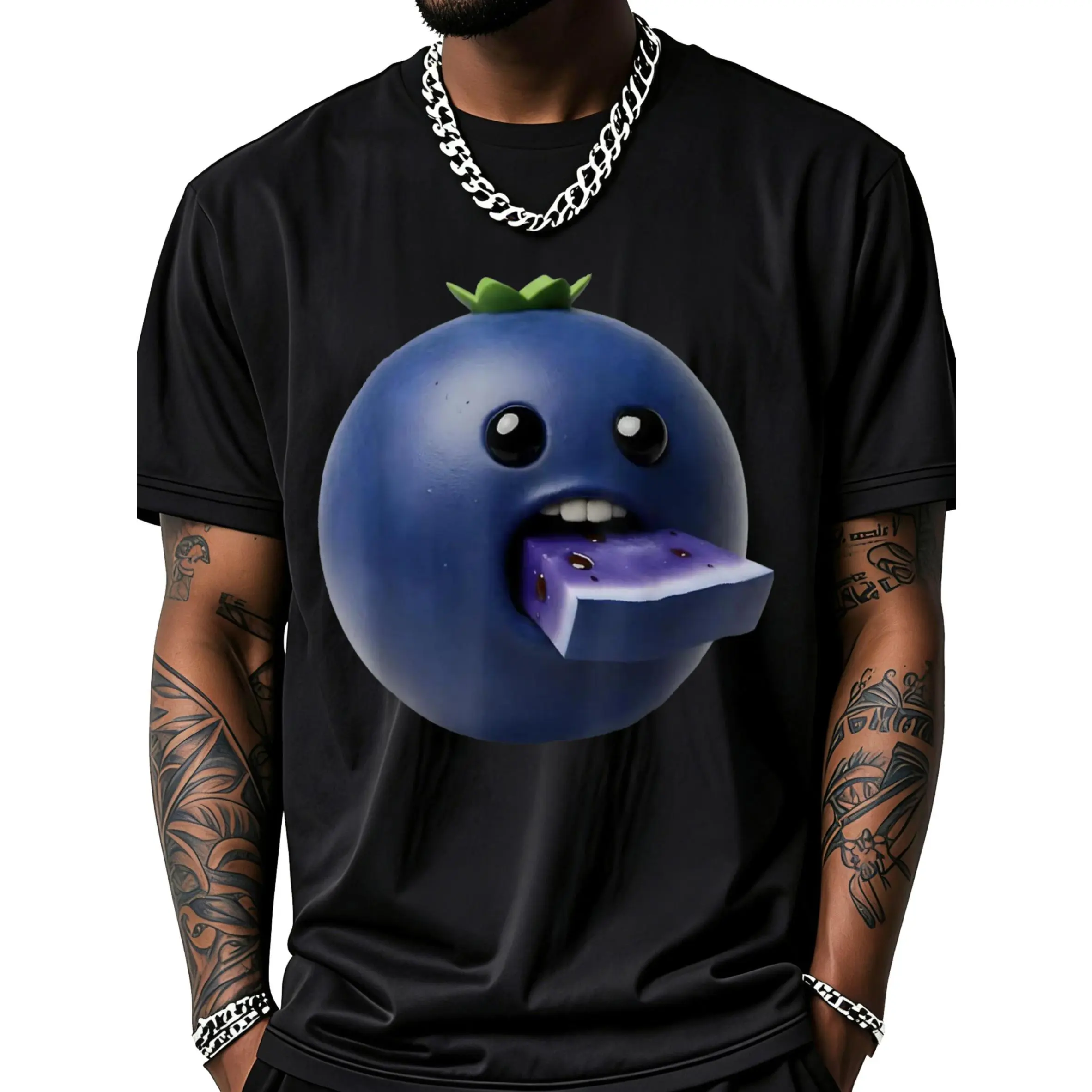 Cute Blueberry Eating Purple Cake Slice T-Shirt Unisex Clothing Streetwear