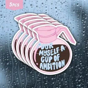 5Pcs "Pour Myself A Cup Of Ambition" Pink Coffee Pot Waterproof Vinyl Sticker, Retro Motivational Coffee Self-Adhesive Decal, Suitable For Water Bottles, Laptops, Mugs, Ideal For Coffee Lovers, Goal Getters And Pink Aesthetic Fans
