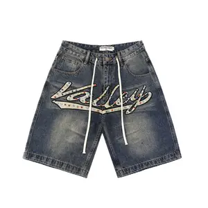 Colorful Rhinestone Letter Graphic Denim Jorts| Y2K Bubblegum Vintage Washed Baggy Shorts| Drawstring Waist Unisex Streetwear for Men Women Hip Hop Festival Skate