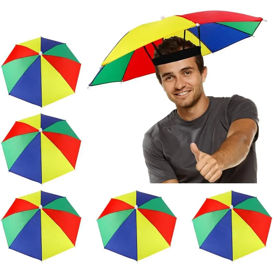 5 Pack Umbrella Hat with Elastic Band, Rainbow Waterproof Fishing Umbrella Hat for Adults Kids Women Men