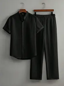 Men's Ice Silk Linen Feel Blouse Set, Gingham Pattern, Short Sleeve, Street Style, Suitable for All Seasons, Daily Wear